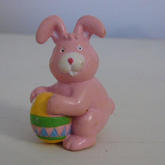 Pink Rubber Easter Bunny Rabbit Figurine Holding Colorful Egg, Cute Ears & Nose - Picture 1 of 5